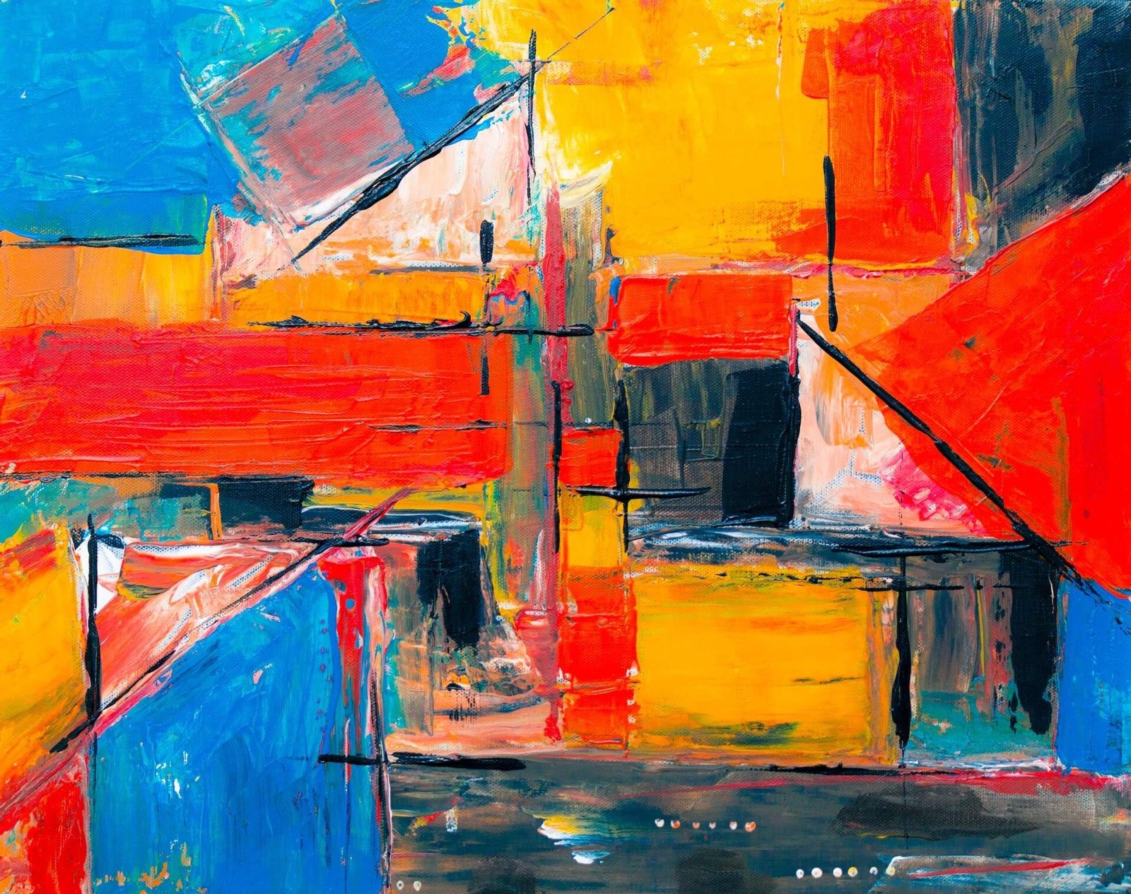 Abstract painting with blocks of red, blue and yellow